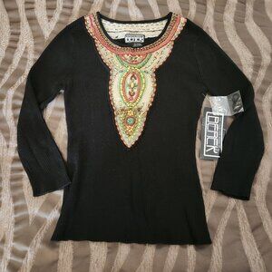 NWT Berek Wood Beaded Artisan Ribbed Knit Top Size M